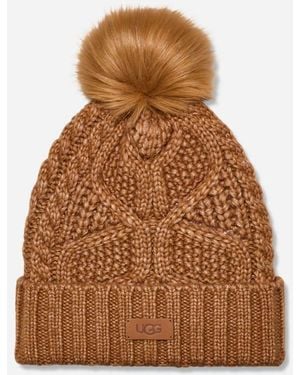 UGG Cable Beanie With Pom Knit/Faux Fur - Brown