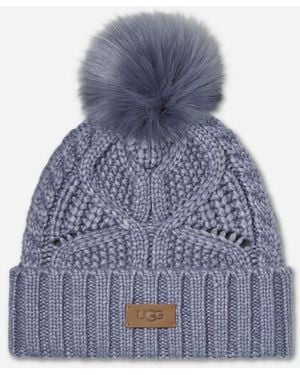 UGG Cable Beanie With Pom Knit/Faux Fur - Blue