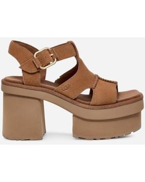 UGG New Heights Platform T-Strap Suede Sandals - Black