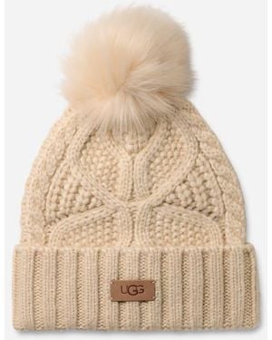 UGG Cable Beanie With Pom Knit/Faux Fur - Natural