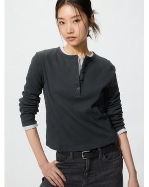 Uniqlo Ribbed Henley Neck Long Sleeve T-Shirt - Black