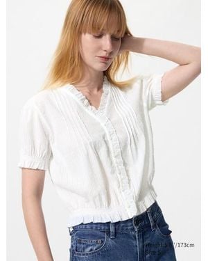 Uniqlo Cotton Dobby V Neck Blouse (Short Sleeve) - White