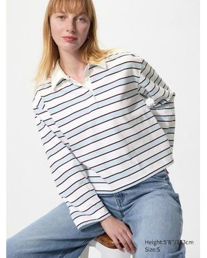 Uniqlo Washed Cotton Polo Shirt (Striped, Long Sleeve) - Blue