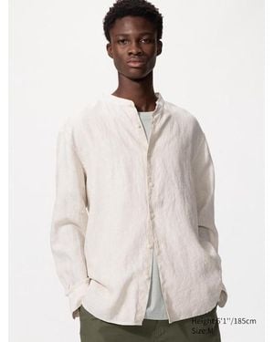 Uniqlo 100% Premium Linen Shirt (Stand Collar, Striped) - Natural