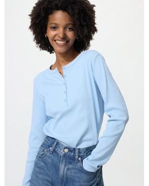 Uniqlo Ribbed Henley Neck Long Sleeve T-Shirt - Blue