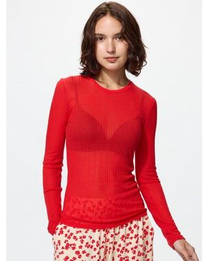 Uniqlo Heattech Cashmere Blend Pointelle Crew Neck Long Sleeve T-Shirt - Red