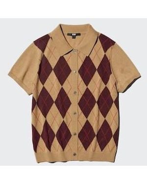 Uniqlo Merino Blend Polo Cardigan (Argyle, Short Sleeve) - White