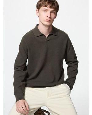 Uniqlo Washable Milano Ribbed Skipper Polo Jumper - Grey