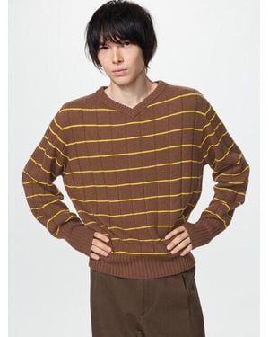 Uniqlo Maglione Maglia 3D Senza Cuciture Scollo A V A Righe - Marrone