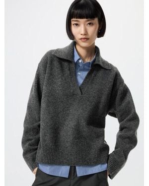 Uniqlo Soufflé Yarn Skipper Polo Jumper - Grey