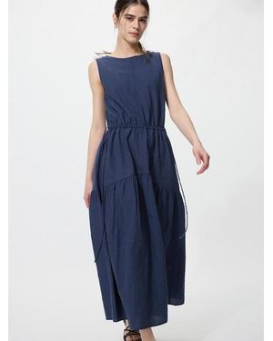 Uniqlo Linen Blend Tiered Dress (Sleeveless, Striped) - Blue
