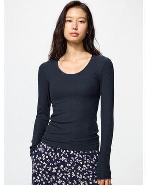 Uniqlo Heattech Extra Warm Cashmere Blend Ribbed Crew Neck T-Shirt - Blue