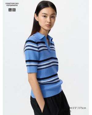Uniqlo Cotton Pointelle Skipper Polo Jumper (Short Sleeve, Striped) - Blue