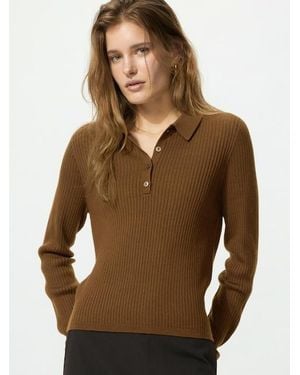 Uniqlo 3D Knit Seamless Merino Blend Ribbed Polo Jumper - Brown