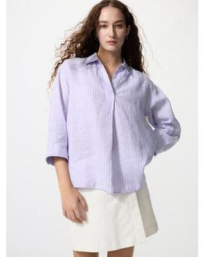 Uniqlo 100% Premium Linen Skipper Collar Shirt (3/4 Sleeve, Striped) - Purple