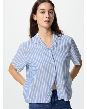 Uniqlo Linen Blend Open Collar Shirt (Striped, Short Sleeve) - Blue