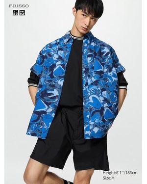 Uniqlo Oxford Oversized Shirt (Short Sleeve, Floral) - Blue