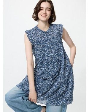 Uniqlo Cotton Tiered Dress (Sleeveless, Printed) - Blue
