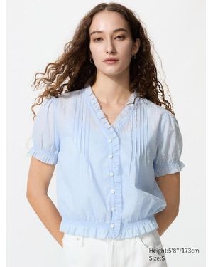 Uniqlo Cotton Dobby V Neck Blouse (Short Sleeve) - Blue
