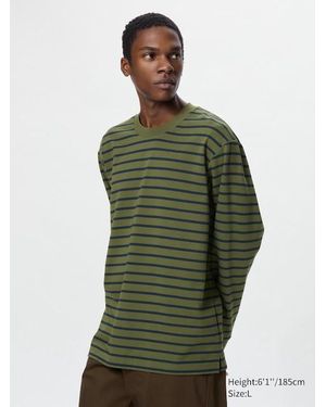 Uniqlo Airism Baumwolle Langarmshirt (Rundhals, Gestreift) - Grün