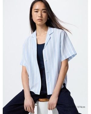 Uniqlo Leinenmix Bluse (Offener Kragen, Kurzarm, Gestreift) - Weiß
