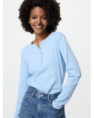 Uniqlo Ribbed Henley Neck Long Sleeve T-Shirt - Blue