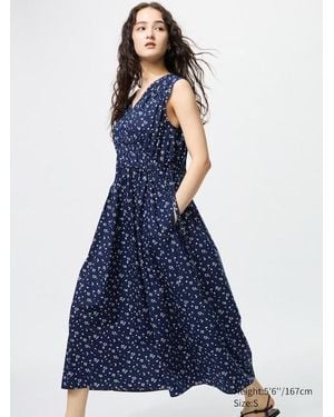Uniqlo Vestito Cotone Arricciato Con Stampa - Blu
