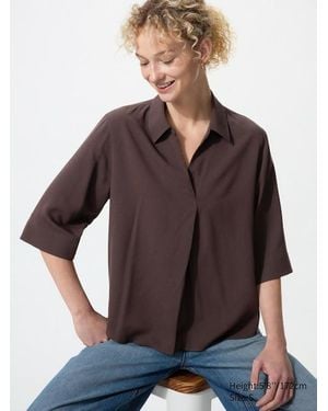 Uniqlo Rayon Skipper Collar Blouse (3/4 Sleeve) - Brown