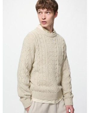 Uniqlo Grobstrick Pullover (Zopfstrick, Rundhals) - Natur