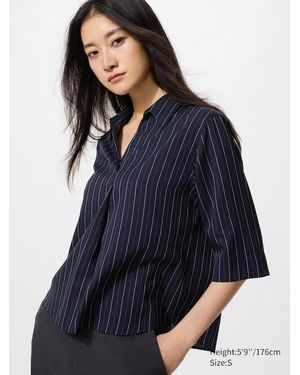 Uniqlo Rayon Skipper Collar Blouse (3/4 Sleeve, Striped) - Blue