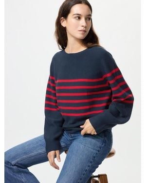 Uniqlo 3D Knit Seamless Cotton Crew Neck Volume Sleeve Jumper (Striped) - Blue