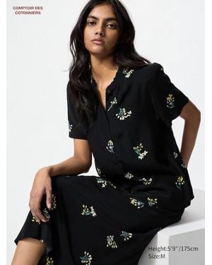 Uniqlo Viskose Bluse (Leicht, Gemustert, Kurzarm) - Schwarz