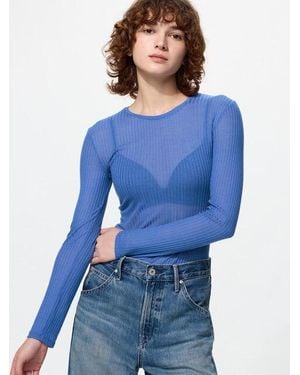 Uniqlo Heattech Cashmere Blend Pointelle Crew Neck Long Sleeve T-Shirt - Blue