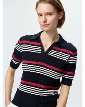 Uniqlo Cotton Pointelle Skipper Polo Jumper (Short Sleeve, Striped) - Blue