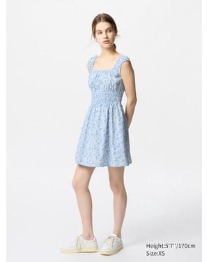 Uniqlo Vestito Corto Arricciato Cotone - Blu