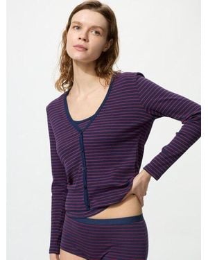 Uniqlo Cárdigan Canalé Cuello Pico Rayas - Morado