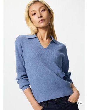 Uniqlo Jersey Punto Canalé Cuello Polo (Lavable A Máquina) - Azul