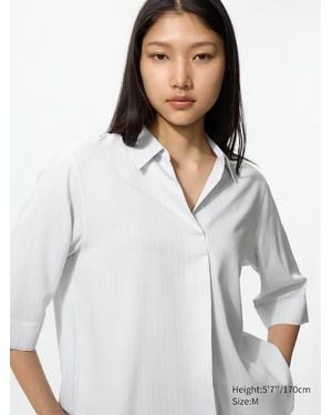 Uniqlo Rayon Skipper Collar Blouse (3/4 Sleeve, Striped) - White