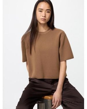 Uniqlo Jersey Punto Milano Manga Corta (Lavable A Máquina) - Marrón