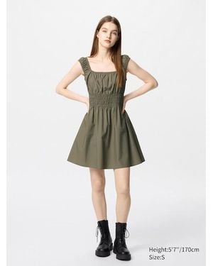 Uniqlo Vestito Corto Arricciato Cotone - Verde