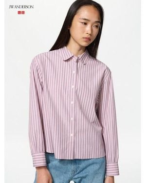 Uniqlo Camisa Algodón Manga Volumen Rayas - Morado