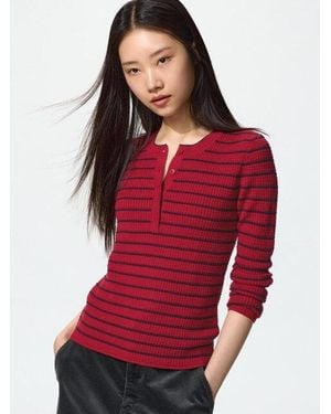 Uniqlo Merinowollmix Pullover (Henley-Ausschnitt) - Rot