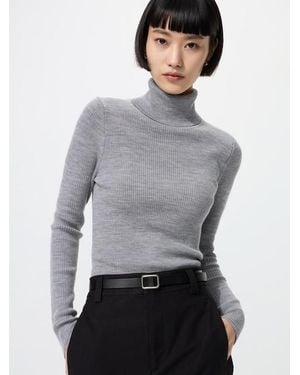 Uniqlo 100% Merino Ribbed Turtleneck Jumper - Grey