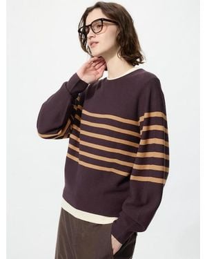 Uniqlo 3D Knit Pullover (Nahtlos, Baumwolle, Rundhals, Weite Ärmel, Gestreift) - Rot