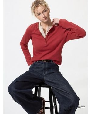 Uniqlo Ribbed Henley Neck Long Sleeve T-Shirt - Red