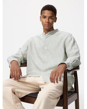 Uniqlo 100% Premium Linen Shirt (Stand Collar, Striped) - Grey
