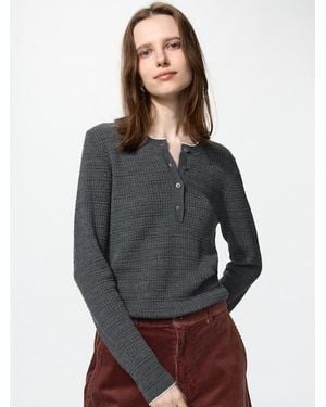 Uniqlo Merinowollmix Pullover (Henley-Ausschnitt) - Grau