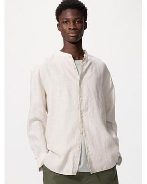 Uniqlo 100% Premium Linen Shirt (Stand Collar, Striped) - Natural
