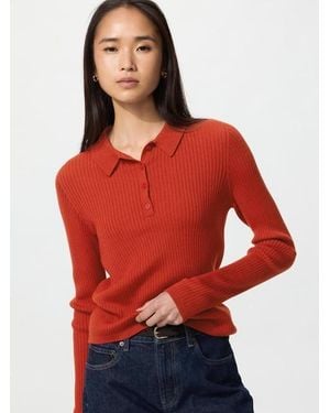 Uniqlo 3D Knit Seamless Merino Blend Ribbed Polo Jumper - Red