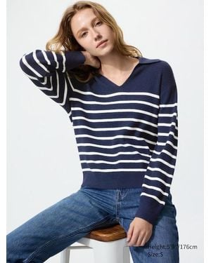 Uniqlo Jersey Punto Canalé Cuello Polo Rayas (Lavable A Máquina) - Azul